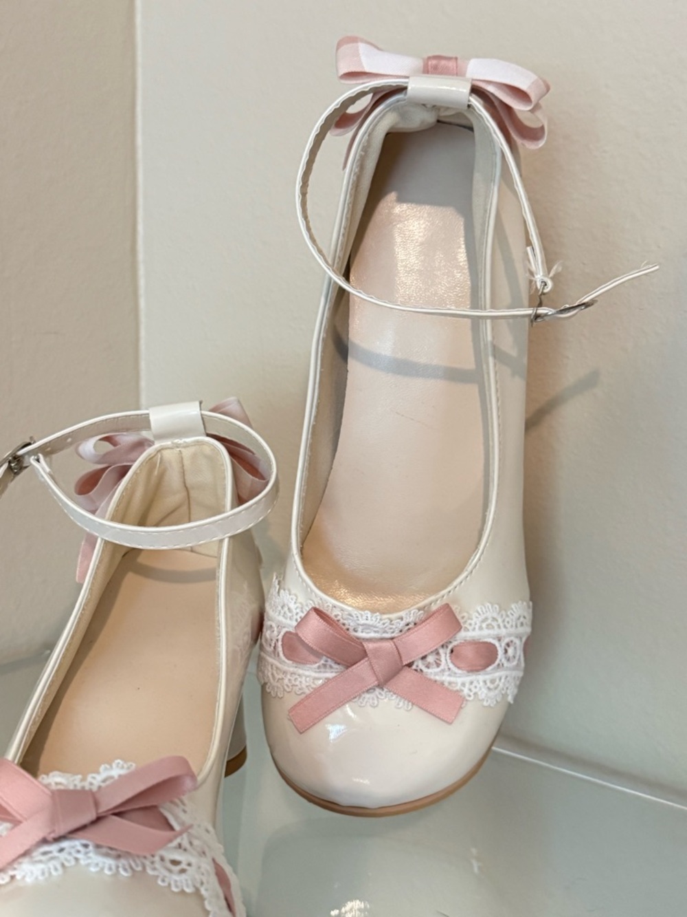 Women’s Cream Patent Ballet Heels with Pink Bow